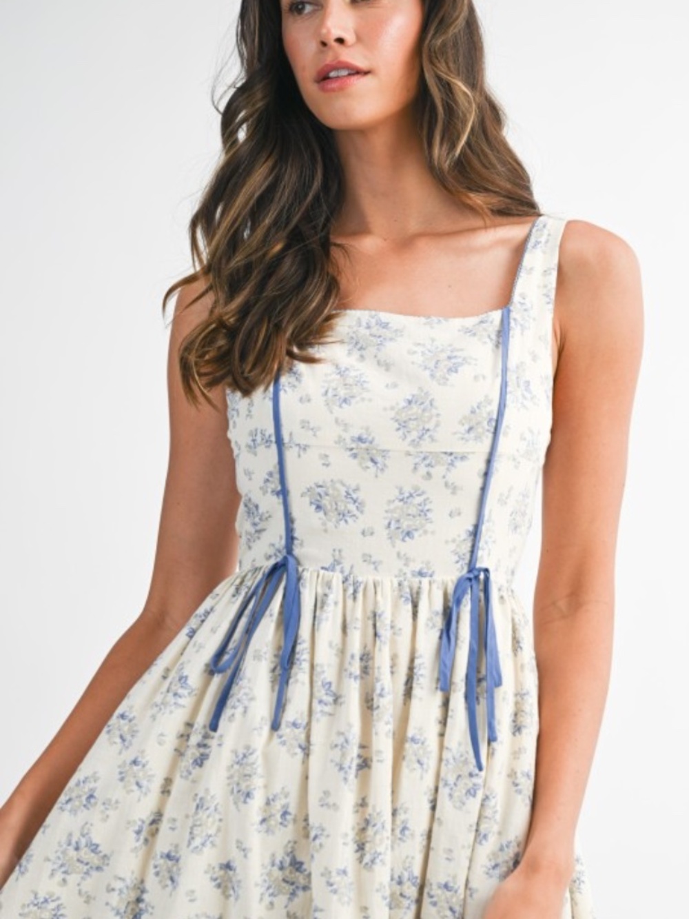 Floral Print Square Neck Contrast Pipinig Dress - Picture 6 of 8